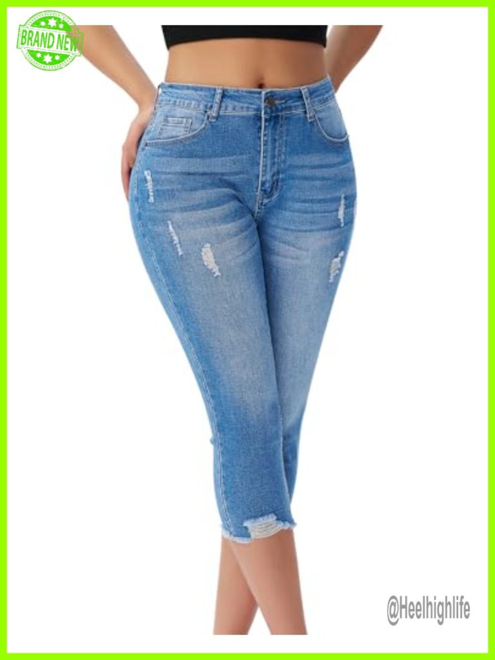 Women's Capri Jeans Mid Rise Skinny Ripped Stretchy Cropped Distressed